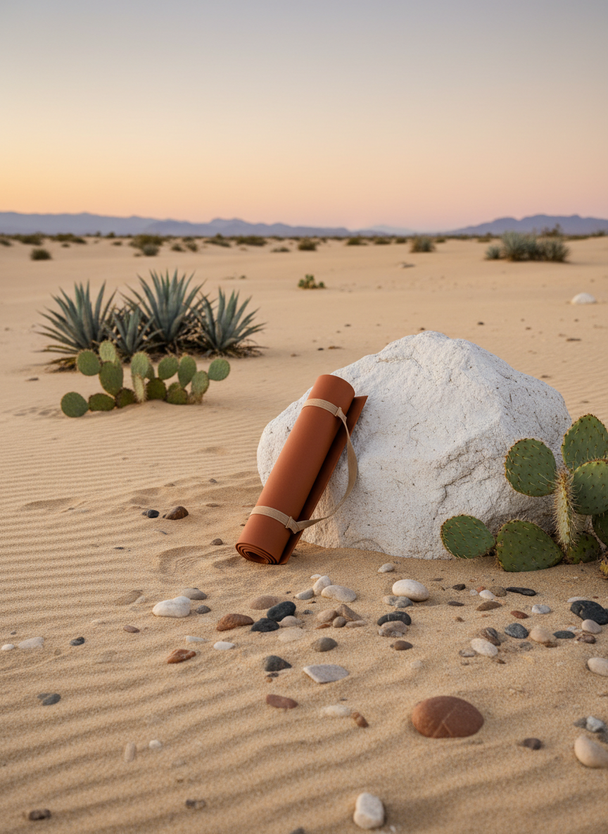 Minimalist desert-edge scene with a rolled, rust-colored natural rubber yoga mat leaning against a sun-bleached boulder, surrounded by warm sand, scattered desert pebbles, and a few spiky agave and prickly pear pads in the background, captured in soft golden-hour light, no people, women’s rewilding yoga retreat vibe