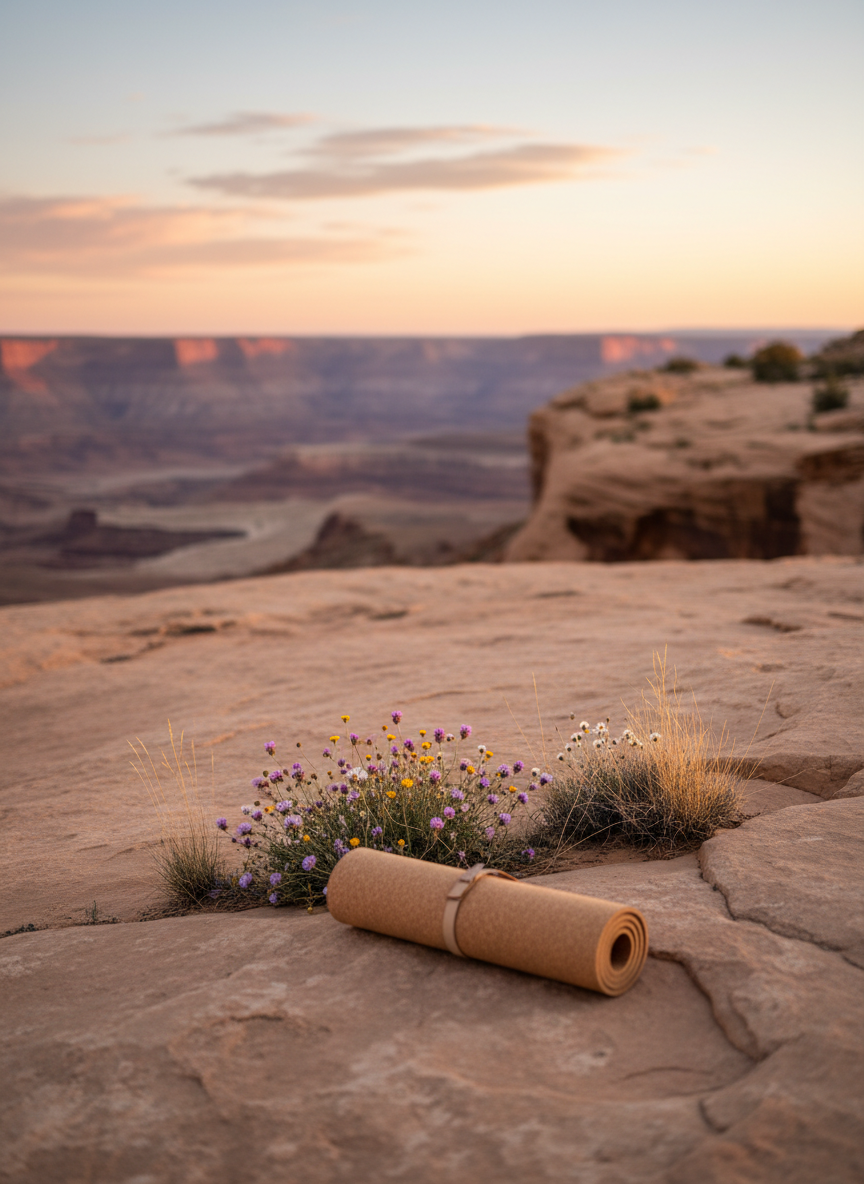 Warm desert bluff at sunset with a sand-toned cork yoga mat secured on smooth sandstone rock, small desert wildflowers and tufts of grass nearby, overlooking a soft-focus canyon washed in pink and amber light, no people, spacious and serene women’s yoga retreat atmosphere