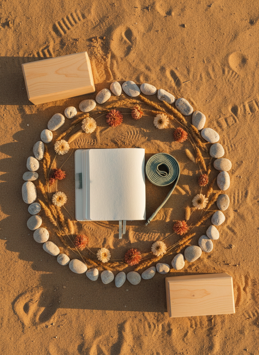 Overhead composition of a desert-inspired women’s yoga altar on warm-toned sand, featuring an open linen journal, a sage-green yoga strap, wooden blocks, and a ring of sun-bleached stones, dried desert flowers, and grasses, all lit by soft golden-hour light, no people, grounded and ritual-focused aesthetic