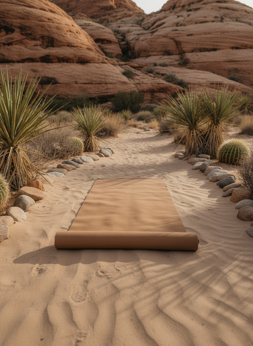 Carefully arranged outdoor desert yoga sanctuary with a thick, sand-colored organic cotton yoga mat unrolled on rippled desert sand, framed by smooth stones and sparse desert plants like yucca and small cacti, with distant sandstone cliffs and early morning light casting long soft shadows, no people, women’s rewilding yoga retreat feel