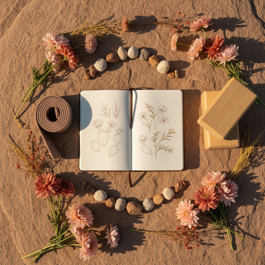 An overhead, photographic-realism composition of a warm desert-inspired women’s yoga altar on sunlit sandstone, with no people present. At the center lies an open, cream-colored linen journal with hand-drawn desert botanicals, flanked by a folded clay-colored yoga strap and a pair of smooth wooden yoga blocks. Around them, a crescent of blush and terracotta wildflowers, dried grasses, and small desert stones radiates outward. Soft golden hour light creates gentle highlights and shadows. The mood is earthy, feminine, and quietly powerful, matching a women’s rewilding yoga retreat brand in a desert landscape.