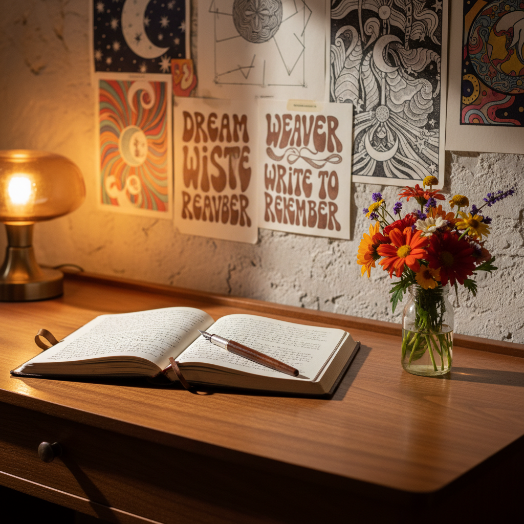 A cozy creative studio corner with a low, vintage mid-century walnut writing desk topped with an open, slightly worn leather-bound journal, a fountain pen resting across a page filled with fluid handwritten reflections, and a small glass jar of wildflowers in sunset colors. Behind the desk, a textured wall is covered in overlapping hand-painted posters and silkscreen prints with psychedelic swirls, celestial symbols, and the words “dream weaver” and “write to remember” in groovy 1960s typography. Warm lamplight from an amber glass table lamp creates a soft, golden glow, illuminating the journal and casting gentle shadows. Photographic realism, intimate eye-level framing with shallow depth of field, emphasizing self-discovery, introspection, and artistic freedom in a nostalgic yet refined atmosphere.