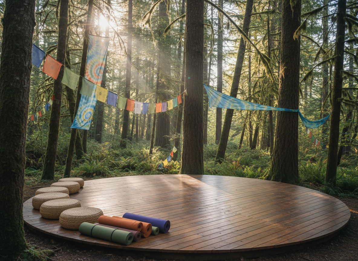 A sun-drenched forest clearing transformed into an open-air yoga and movement sanctuary, with a smooth circular deck of weathered cedar planks surrounded by tall, mossy trees. On the deck, several rolled-up yoga mats in earthy olive, burnt orange, and deep plum rest beside a neat row of mid-century style woven rattan floor cushions. Colorful prayer flags and softly faded tie-dye fabric streamers stretch between branches. Late morning natural light filters through the canopy, creating soft beams and a peaceful, diffused glow. Photographic realism, slightly elevated angle using rule of thirds composition, with sharp focus across the deck and a gentle bokeh in the forest beyond, conveying serenity, embodied freedom, and a playful, nature-connected 1960s retreat vibe.
