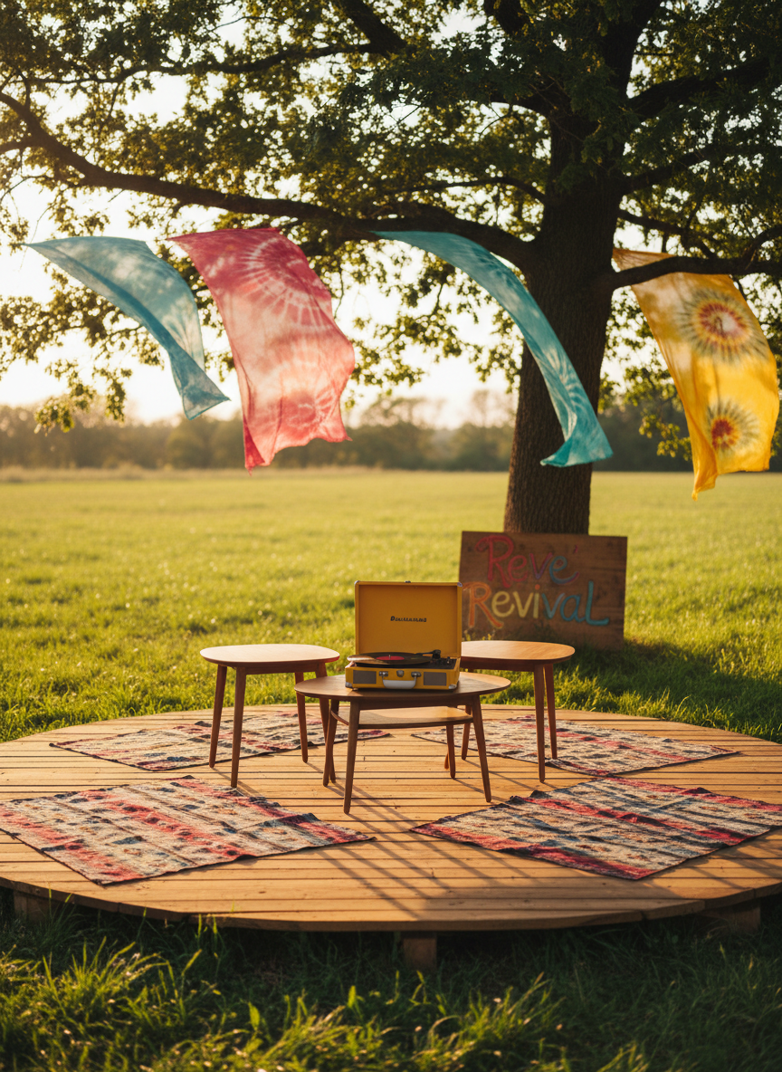 A vibrant outdoor gathering space arranged in a lush meadow, featuring a circular wooden platform made from warm, honey-toned reclaimed planks, scattered with patterned woven blankets, low mid-century style teak side tables, and a vintage mustard-yellow portable record player. Surrounding trees are wrapped with softly faded tie-dye fabric banners in raspberry, teal, and sunflower yellow. Late afternoon golden-hour sunlight filters through the leaves, casting dappled light and long, gentle shadows. In the background, a hand-painted wooden sign reading “Reve’ Revival” leans against a tree. Photographic realism, eye-level composition with a slight wide-angle lens, sharp focus in the foreground and a softly blurred background, evoking a playful, free-spirited 1960s Woodstock atmosphere of community, love, and liberation.