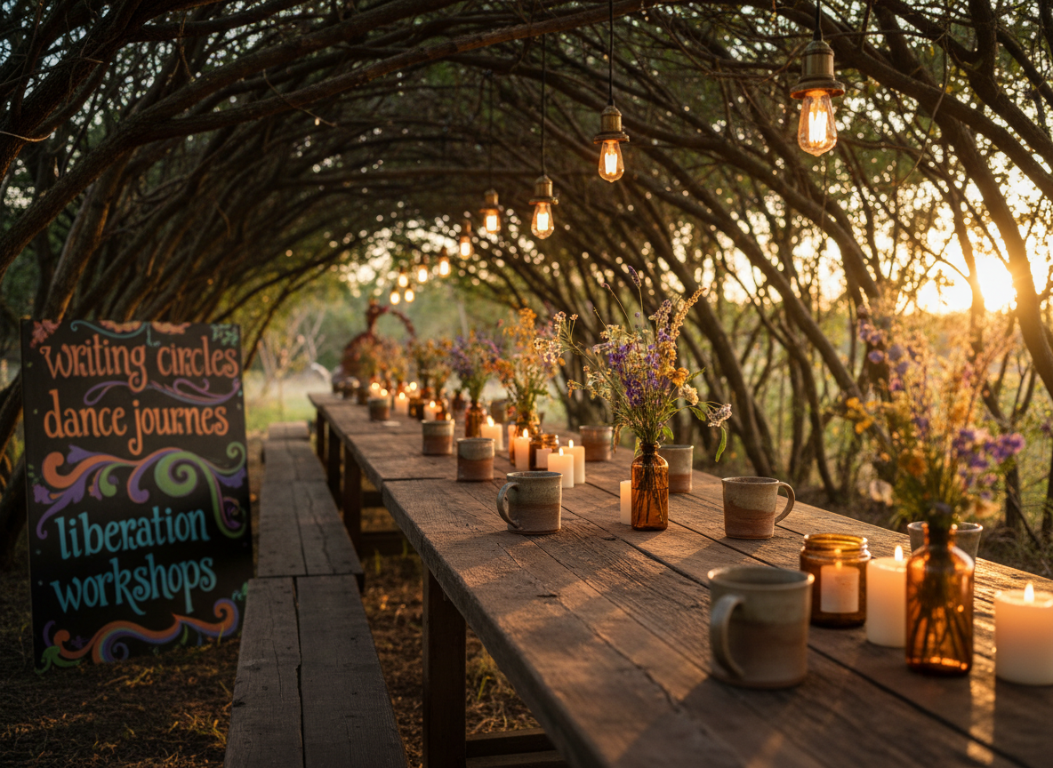 A long, low communal table crafted from richly grained reclaimed wood set beneath a canopy of intertwined branches and strings of warm Edison bulbs, each bulb fitted into retro brass fixtures. The table is adorned with mismatched hand-thrown ceramic mugs, beeswax candles in recycled glass jars, and small clusters of wildflowers in amber bottles. At one end, a hand-painted schedule board on a chalk-black panel lists “writing circles, dance journeys, liberation workshops” in colorful, swirling late-1960s lettering. Evening light blends with the gentle glow of the bulbs, creating a warm, welcoming atmosphere. Photographic realism, eye-level side perspective, balanced composition, with a shallow depth of field that keeps the board and nearby tableware in focus, suggesting intimate class offerings and communal gatherings rooted in love and creative power.