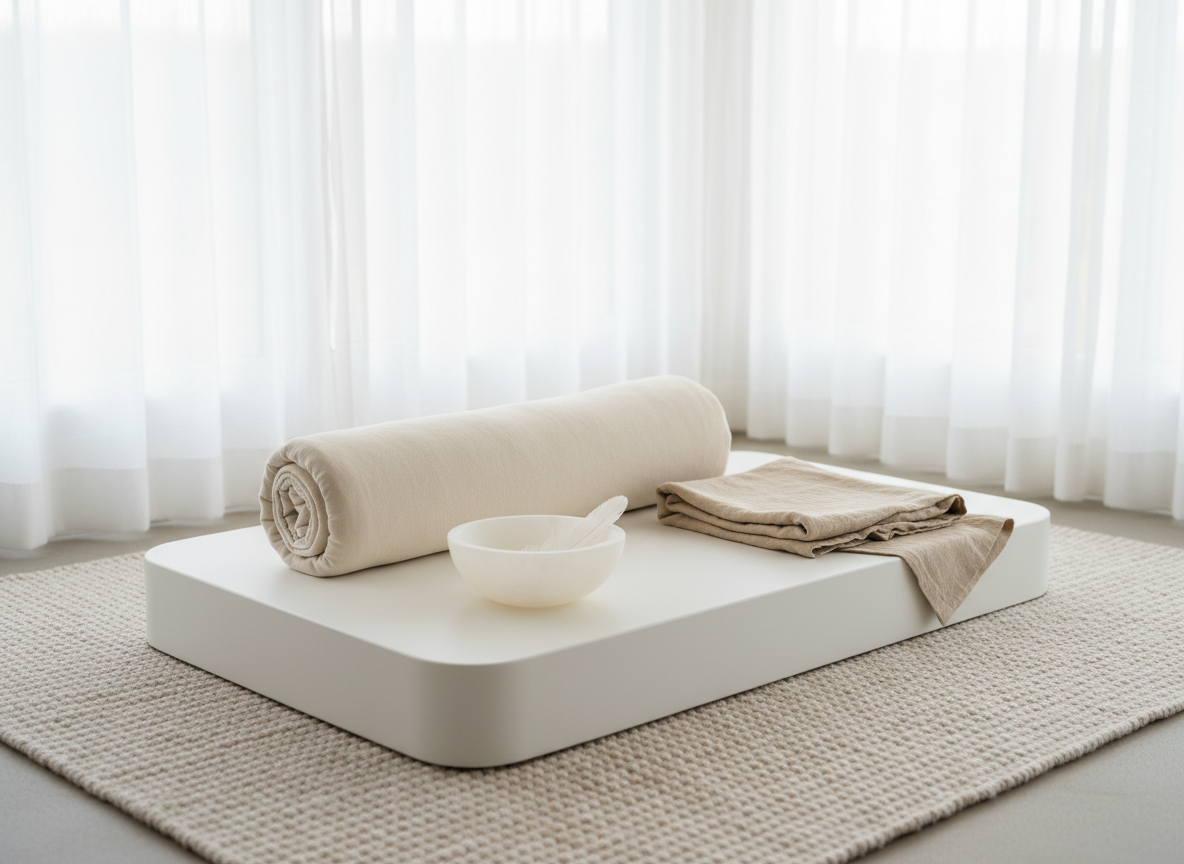 A tranquil corner of a room styled for restorative wellness rituals, featuring a low, rectangular white platform with rounded edges set on a pale, woven natural-fiber rug. On the platform, a neatly rolled cream yoga bolster, a folded sand-colored linen blanket, and a smooth alabaster bowl holding a single white feather are arranged with deliberate spacing. Behind them, floor-to-ceiling sheer white curtains soften the scene, softly lit by diffused afternoon daylight. The light creates delicate gradients across the fabrics and a subtle glow along the bowl’s edges. Photographed at a slightly low, three-quarter angle with clean, modern composition and moderate depth of field, the image radiates a sense of grace, ease, and gentle slowing down, echoing a sophisticated, minimalist women’s wellness aesthetic.