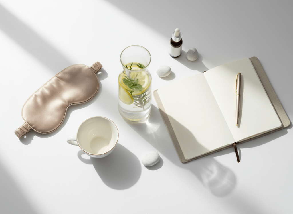 A meticulously styled flatlay of women’s wellness essentials arranged on a matte white surface. At the center, a slim, frosted glass carafe of infused water with floating lemon slices and sprigs of fresh herbs catches the eye, paired with a single pristine white ceramic cup edged in soft gold. A silk sleep mask in muted champagne and an open linen-bound journal with clean, unmarked pages frame the scene. Soft natural daylight from the left creates gentle highlights on glass and gold, casting feather-light shadows. Captured from a directly overhead, photographic angle with a shallow depth of field and ample negative space, the image feels calm, minimalistic, and sophisticated, embodying grace, ease, and intentional simplicity.