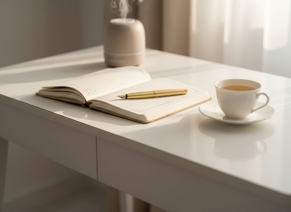 A polished white writing desk with slender, minimalist legs stands near a large, unseen window, its surface almost empty except for an open, soft-cream planner with gold-edged pages and a single finely crafted gold pen resting diagonally across it. A delicate porcelain cup of herbal tea sits to the side on a matching saucer, its pale amber liquid catching the light. In the background, a barely visible silhouette of a neutral-toned ceramic diffuser releases a faint wisp of vapor. Soft morning light streams in from the right, creating a serene, luminous atmosphere with subtle reflections and gentle shadows. Captured in photographic realism from a slightly elevated angle with a shallow depth of field, the composition feels intentional, uncluttered, and quietly empowering, perfect for one-on-one online coaching and planning.