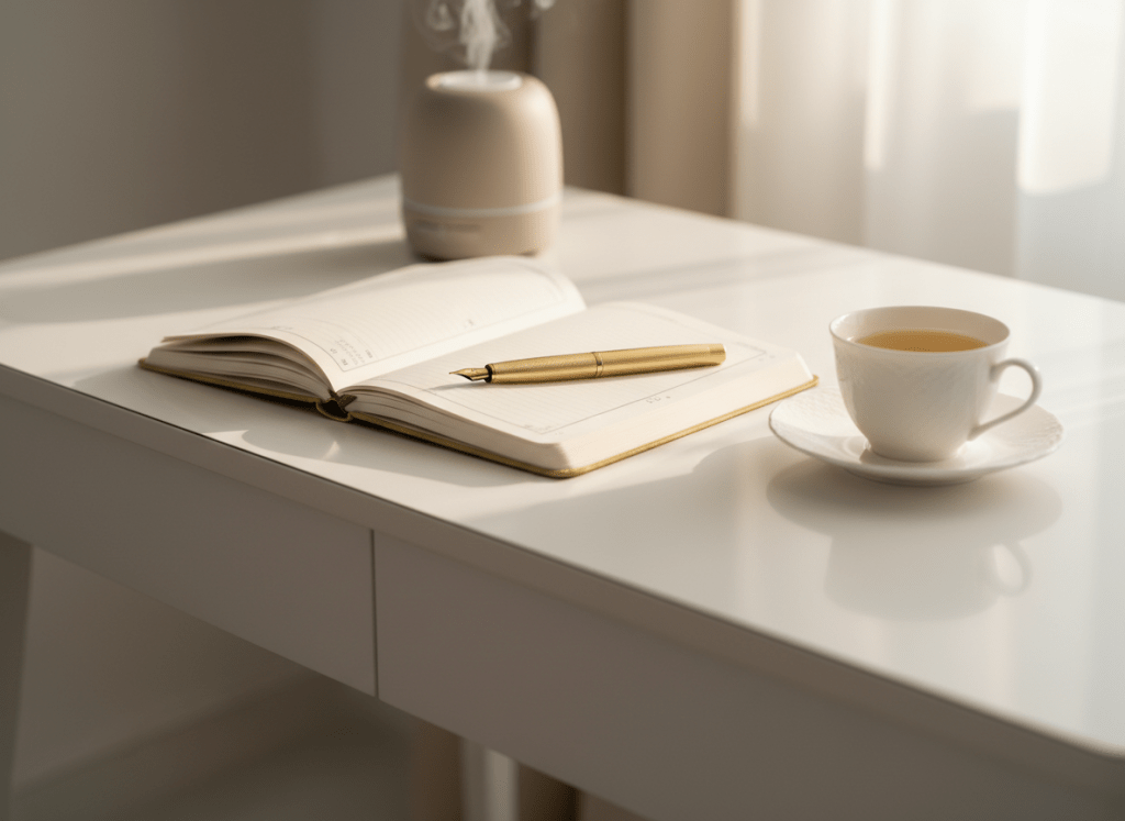 A polished white writing desk with slender, minimalist legs stands near a large, unseen window, its surface almost empty except for an open, soft-cream planner with gold-edged pages and a single finely crafted gold pen resting diagonally across it. A delicate porcelain cup of herbal tea sits to the side on a matching saucer, its pale amber liquid catching the light. In the background, a barely visible silhouette of a neutral-toned ceramic diffuser releases a faint wisp of vapor. Soft morning light streams in from the right, creating a serene, luminous atmosphere with subtle reflections and gentle shadows. Captured in photographic realism from a slightly elevated angle with a shallow depth of field, the composition feels intentional, uncluttered, and quietly empowering, perfect for one-on-one online coaching and planning.