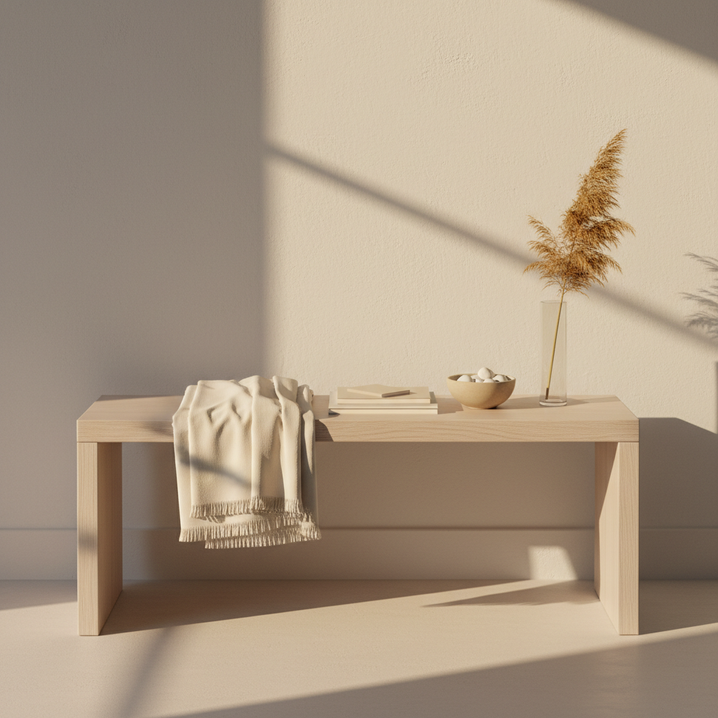 A serene wellness vignette featuring a low, white oak bench with crisp, clean lines against a softly textured white wall. On the bench rests a neatly folded ivory cotton throw, a small stack of pale, unbranded notebooks, and a sleek sand-colored ceramic bowl filled with polished white stones. A single delicate, clear glass vase holds one long, graceful stem of dried pampas grass in soft gold tones. Diffused golden-hour light enters from an unseen window, bathing the scene in a warm glow and casting long, elegant shadows. Photographic realism, shot at eye level with rule-of-thirds composition and generous negative space, creates a calm, sophisticated atmosphere ideal for a women’s wellness brand focused on slowing down and simple, intentional living.
