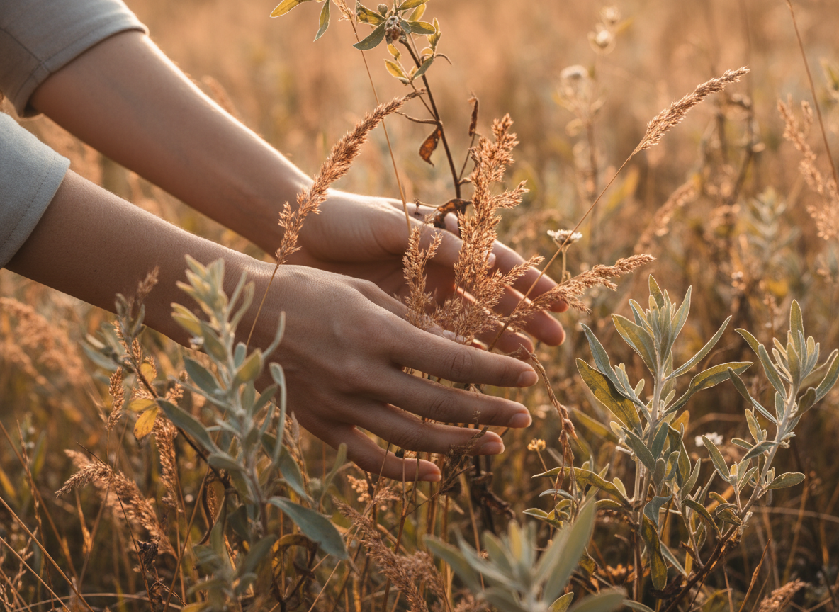 Close-up of a woman's hands gently touching wild grasses and botanicals in a meadow, warm terracotta and sage green tones, soft dappled sunlight
