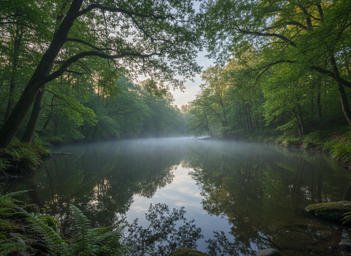 A still forest pond reflecting tree canopy at dawn with soft mist rising from the water
