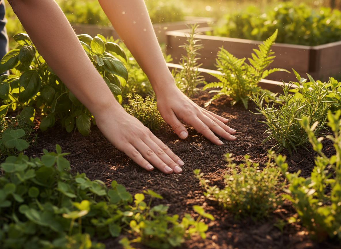 Hands gently pressing into dark garden soil surrounded by herbs and wild botanicals