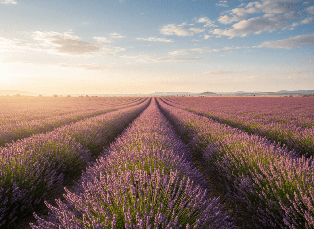 A wide, sunlit lavender field in full bloom, rows of purple lavender stretching to the horizon under a soft blue sky with gentle clouds, warm golden light, peaceful and serene, nature photography style