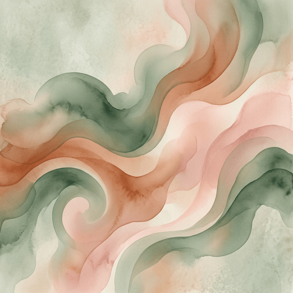 Abstract watercolor design with green and peach flowing waves